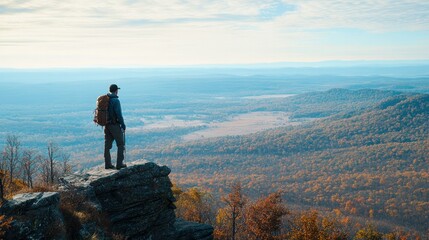 A solitary hiker standing on a rocky cliff edge overlooking a vast expansive forested landscape du daytime with clear sky and scenic mountain view in the distance
