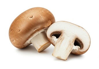 Fototapeta premium A close up image of two brown mushrooms, one whole and one sliced, on a plain white background surface