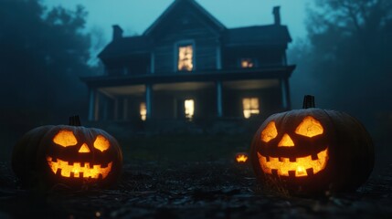 Obraz premium Spooky Halloween Night Scene with Two Illuminated Carved Jack-o-Lantern Pumpkins in Front of Old Haunted House Surrounded by Fog and Trees for Halloween Celebration