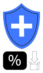 Blue shield with white cross for healthcare, percentage sign for discounts, and box with arrow symbolizing benefits. Ideal for healthcare, savings, insurance, safety, delivery, discounts services