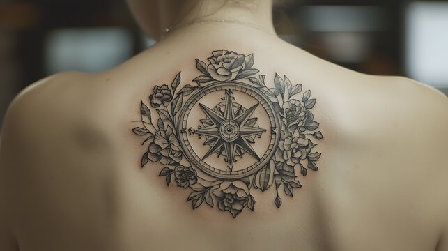 A woman has a tattoo of a compass on her back