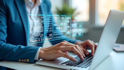 Cyber technology interface background with businesswoman on laptop