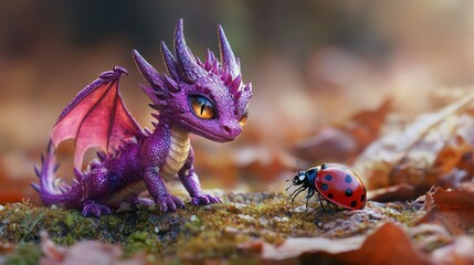 Whical purple baby dragon with tiny wings and large expressive eyes cautiously approaching a ladybug on forest floor amidst autumn leaves and natural outdoor setting