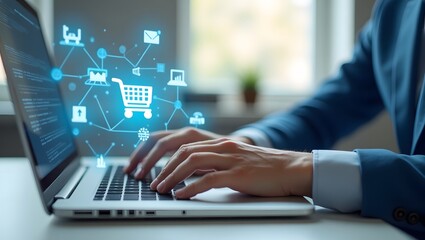 Digital commerce background with online shopping icons on laptop