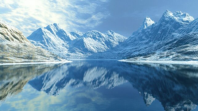 Breathtaking panoramic view of snow-capped mountains reflected in a calm alpine lake under clear blue sky du daytime, pristine wilderness landscape