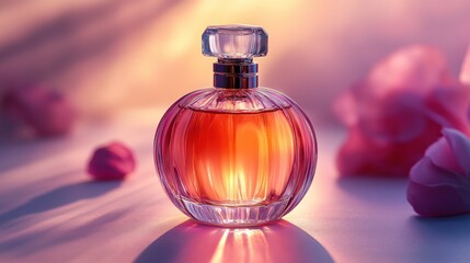 Perfume bottle with pink liquid on a white surface with pink background.