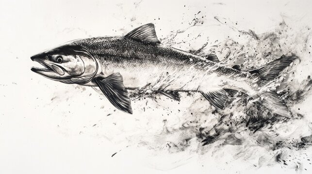 Striking monochrome illustration of a leaping salmon amidst dynamic water splashes