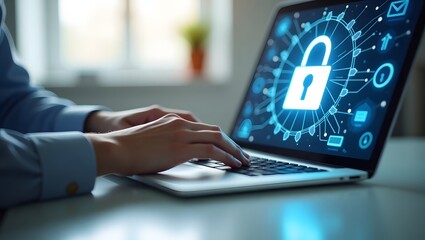 Cybersecurity background with padlock icon on laptop, showing secure digital system