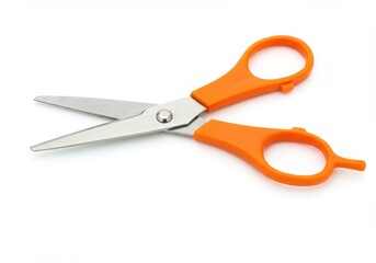 An open pair of scissors with orange handles lying on a white surface in a studio setting