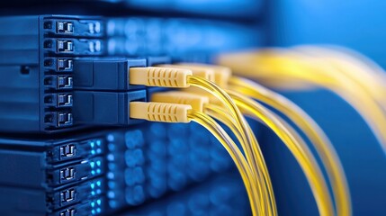 Yellow fiber optic cables connected to a network server in a data center, highlighting fast and secure data transmission.