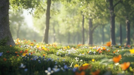 Fototapeta premium Beautiful vibrant blooming wildflowers and colorful meadow with lush green trees under clear sunny sky in a peaceful natural outdoor park scene