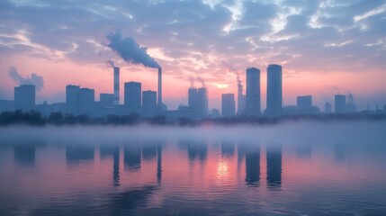 Obraz premium Realistic Image of Industrial Renewable Power Plants and Water Reflections at Sunrise