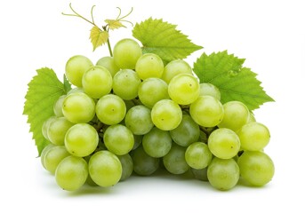 Obraz premium A cluster of green grapes with leaves on a white surface in a studio setting with soft lighting