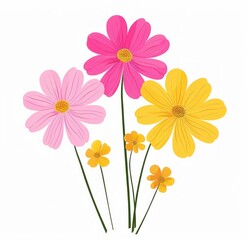 Illustration of six colorful flowers with two large pink, one large yellow, and three small yellow-orange flowers on slender green stems against a white background
