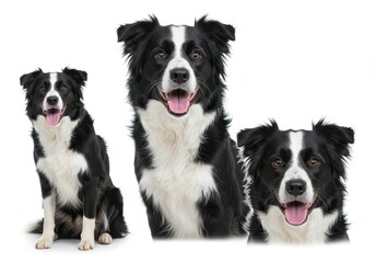 Fototapeta premium Three border collies with black and white fur posing against a white background in a studio shot