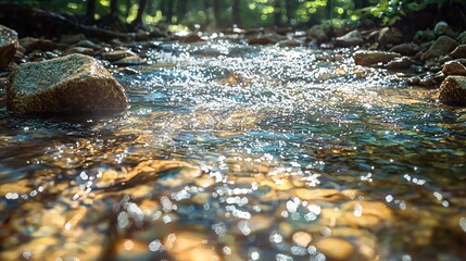 Clear stream flowing through a rocky creek in the woods illuminated by sunlight creating a picturesque scene