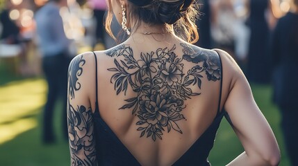 A woman with a tattoo of flowers on her back is standing in a grassy field