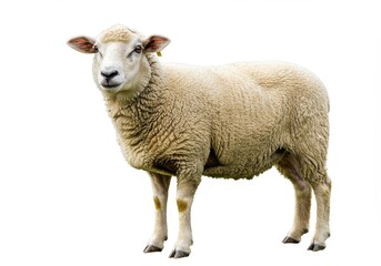 Obraz premium A full body shot of a sheep with white wool standing isolated against a white background outside