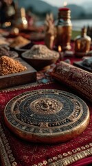 Fototapeta premium Golden sun medallion with Andean patterns on crimson fabric, surrounded by corn and quinoa offerings, symbolizing Inti Raymi's sacred connection to