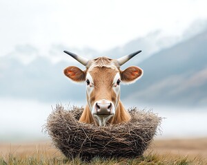 Cow in a nest, peaceful and curious