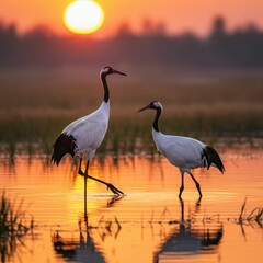 Scenic Wetlands at Dusk with Red Crowned Cranes