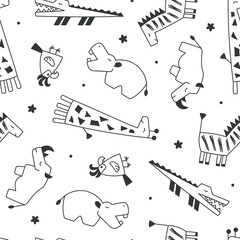 Hand Drawn Vector Safari Animals Seamless Doodle Pattern for Kids Design, Black and White 