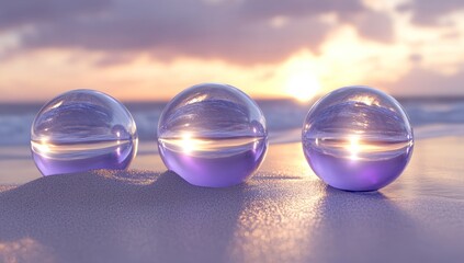Three glass spheres on a sandy beach reflect the sunset and ocean.