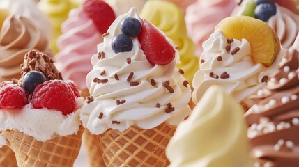 Assorted ice cream cones with colorful toppings