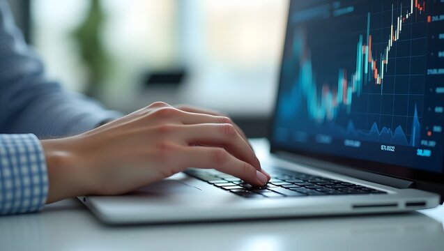 stock  market chart background with hand on laptop and financial graph