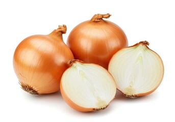 Fototapeta premium A group of whole and halved yellow onions displayed on a plain white surface in a studio setting