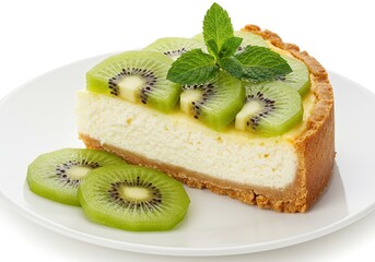 A slice of kiwi cheesecake with mint garnish on a white plate against a white background studio shot
