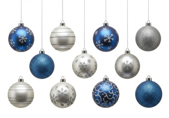 Collection of christmas ornaments in blue and silver hanging against a white background