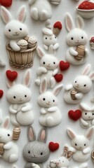 Obraz premium Adorable felted bunnies and hearts arranged on a textured fabric background creating a whimsical and charming Easter or springtime scene with a soft and dreamy aesthetic