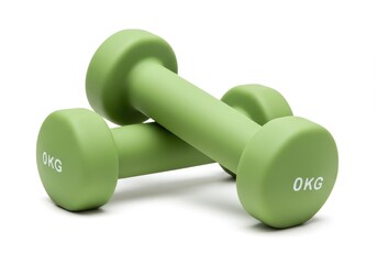 A pair of light green dumbbells stacked on top of each other on a white background in a studio shot