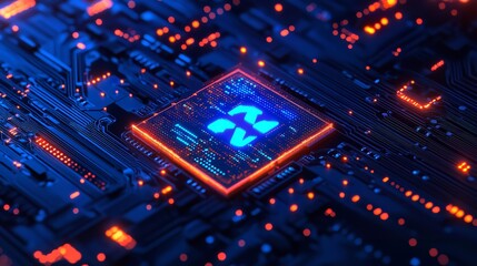 Obraz premium Abstract Technology Background Digital Circuit Board Glow Modern Neon Blue Orange High Tech Innovation Microchip 