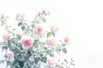 Watercolor roses in soft pink hues with delicate green leaves against a bright white background creating a serene and romantic mood perfect for spring