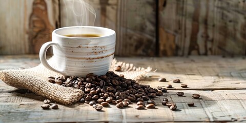 Naklejka premium steaming cup of coffee surrounded by scattered coffee beans on a rustic wooden surface with soft natural lighting and warm cozy atmosphere