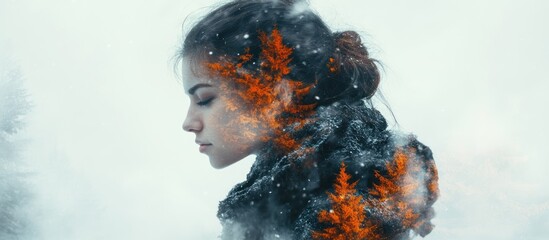Serene woman, winter scene, orange leaves overlay.