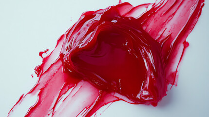 Vibrant red transparent lotion flowing elegantly on pure white background, showcasing dynamic movement, fluidity, and glossy texture for stunning visuals.
