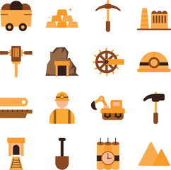 Mining illustration set. Includes of miner, coal, gold, ore, pickaxe, helmet, tunnel, rock, and More. Vector flat color collection	