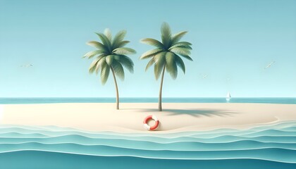 Tropical shoreline vector background showing wide sandy beach, scattered green palm leaves, red lifebuoy near calm blue water, under a clear sunny sky, simple banner style