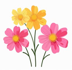 Bright yellow and pink flowers with green stems and yellow centers on a white background, creating a cheerful and vibrant composition
