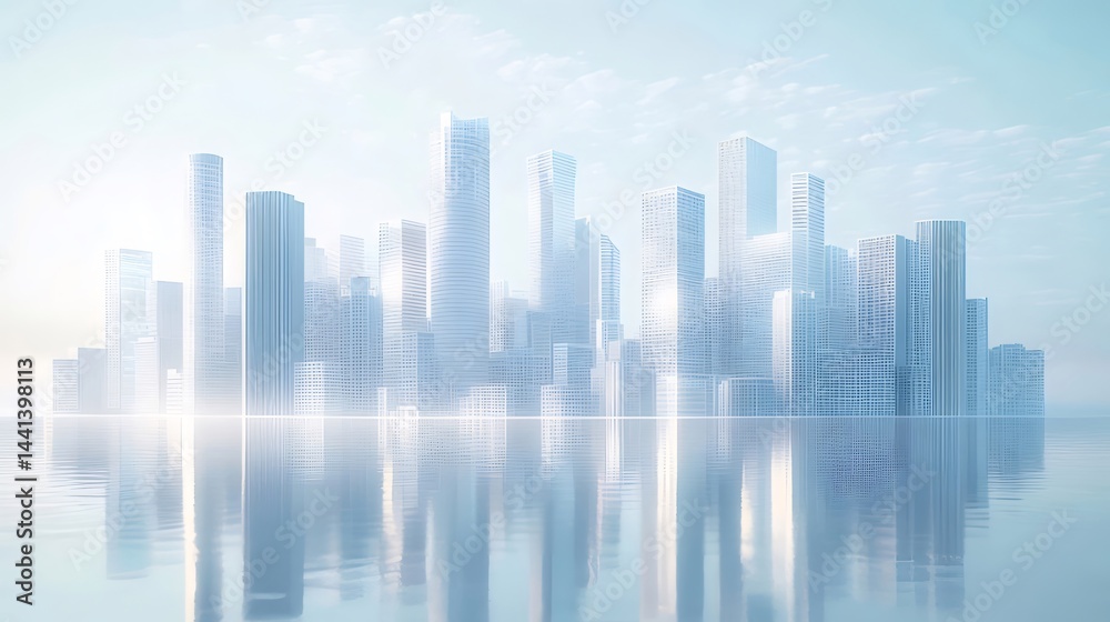 Aufkleber 未来都市の白い高層ビル群 水面に反射した青空と光の幻想的な風景