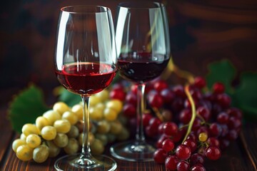 Two glasses of red wine with clusters of fresh red and white grapes on a wooden surface, creating a warm and inviting atmosphere