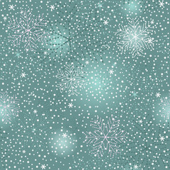 Vector seamless winter blue pattern with snowfall and stars and gradient spots. For textile, wallpaper and packaging