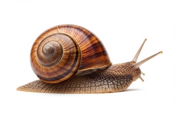 A snail with a brown and tan shell crawling on a white surface in a studio shot close up view