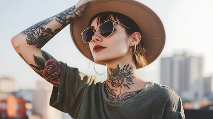 Fototapeta premium A woman with tattoos and a hat is posing for a photo