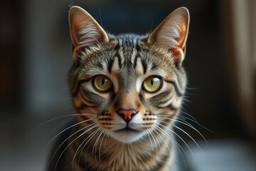 Obraz premium Close-up portrait of a tabby cat with focused gaze.