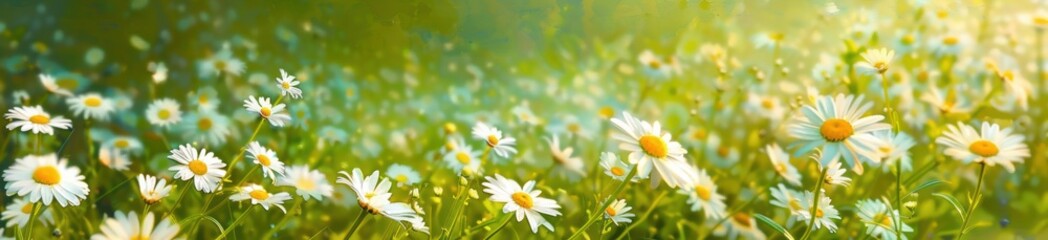 Fototapeta premium sunlit field of white daisies with yellow centers swaying gently in the breeze on a bright and cheerful spring day