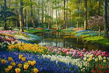 Serene garden scene with colorful tulip and flower beds surrounding a calm pond reflecting tall trees under soft sunlight in a peaceful springtime forest setting
